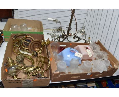 THREE BOXES AND LOOSE LIGHTING PARTS AND ACCESSORIES, to include brass two pairs of brass wall lights converted for electrici