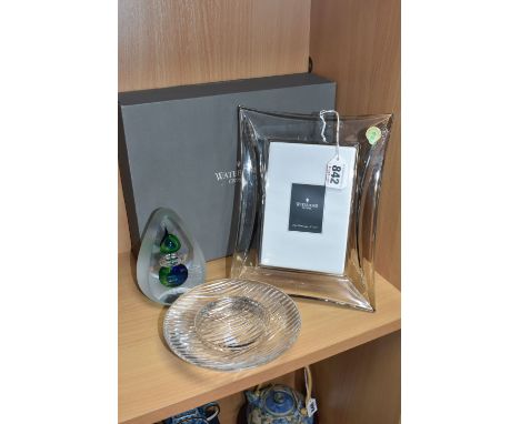 THREE DECORATIVE GLASS ITEMS, comprising a boxed Waterford 'Siren' picture frame, to hold a 4x6 inch photograph, a Holmegaard