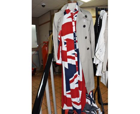 A LADIES BODEN TRENCHCOAT AND DRESS, a belted trench coat lined with a red, white and blue abstract design and a matching red