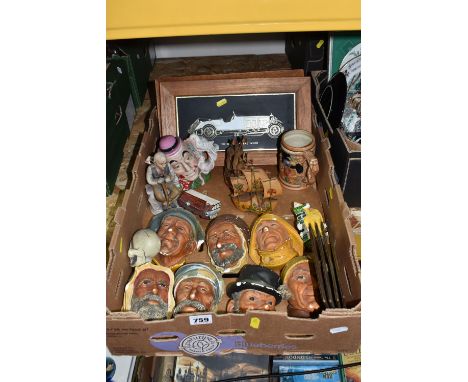 ONE BOX OF MISCELLANEOUS CERAMICS, AND ORNAMENTS, to include seven Bossons  chalk wall plaques depicting assorted professions