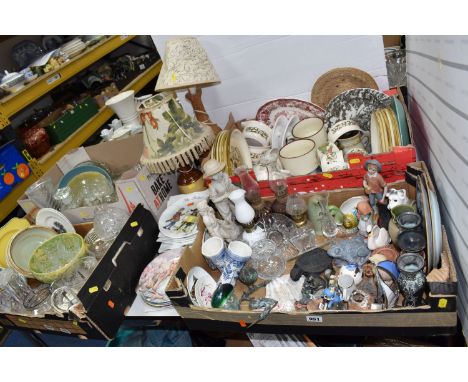 FOUR BOXES AND LOOSE CERAMICS AND GLASSWARE, to include a stoneware dinner set, a Wade Bell's Scotch Whisky decanter converte