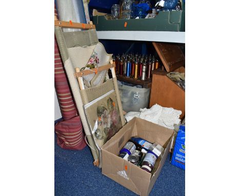 TWO BOXES AND LOOSE HABERDASHERY AND TEXTILES, to include stained wood spool rack with iron uprights  mounted with  thirty si
