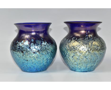 A PAIR OF LOETZ PHAENOMEN 377 VASES, the cobalt blue bodies covered with an iridescent layer, both unsigned, approximate heig