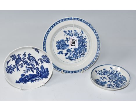 THREE WORCESTER FIRST PERIOD DISHES, mid to late eighteenth century, comprising two saucers comprising a 'Birds in the Tree' 