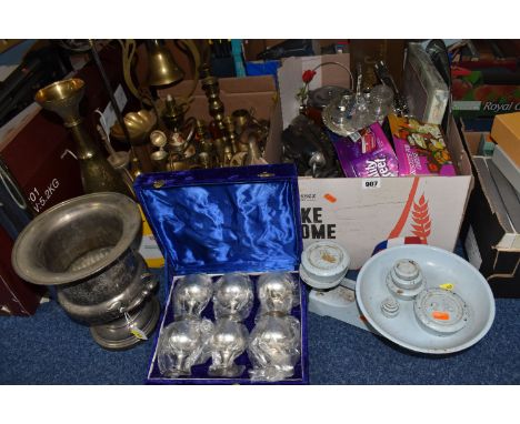 TWO BOXES AND LOOSE METALWARE AND SUNDRIES, to include a silverplate ice bucket, a set of painted cast iron scales with full 