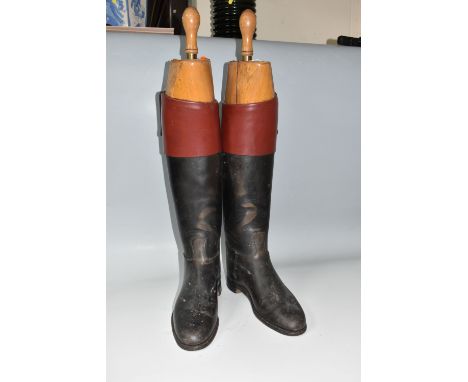 A PAIR OF HUNTING RIDING BOOTS WITH WOODEN STRETCHERS, stretchers appear to be jammed inside the boots, therefore sold as dec