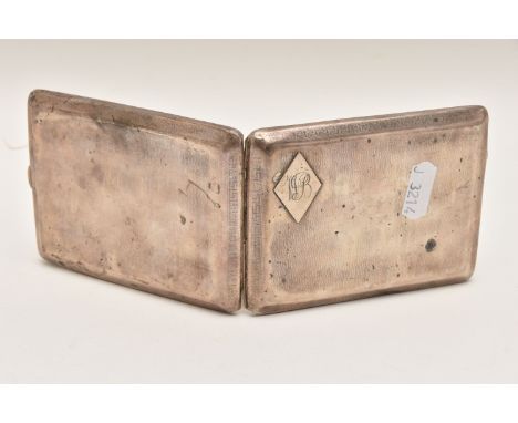 A SILVER CIGARETTE CASE, of a rectangular form, engine turned pattern with engraved cartouche, push button clasp, gilt interi