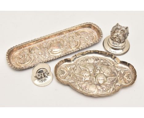FOUR ITEMS OF SILVER, to include a 'Sampson Mordan &amp; Co' moon face name place holder, hallmarked Chester, a dog face name