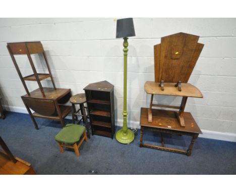 A SELECTION OF OCCASIONAL FURNITURE, to include an oak coffee table, a smaller oak table, a fire screen, a standard lamp, a b