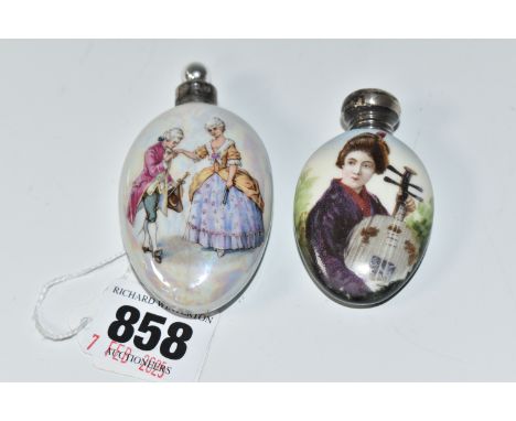 TWO SILVER MOUNTED CERAMIC OVAL SCENT BOTTLES comprising a silver mounted porcelain bottle with a printed and tinted Japanese