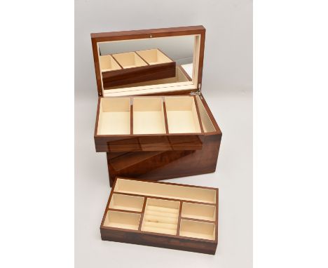 A WOODEN JEWELLERY CASE, hinged lid with a lacquer finish, approximate width 298mm, (condition report: light wear)