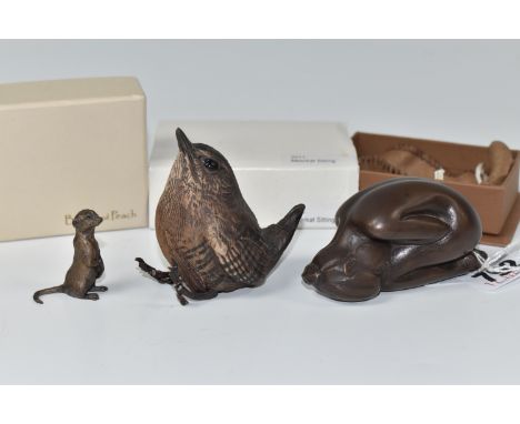 TWO BRONZE FIGURES AND A CERAMIC FIGURE, comprising  a bronze figure of a curled up nude, after Deborah J. Scaldwell, the fem