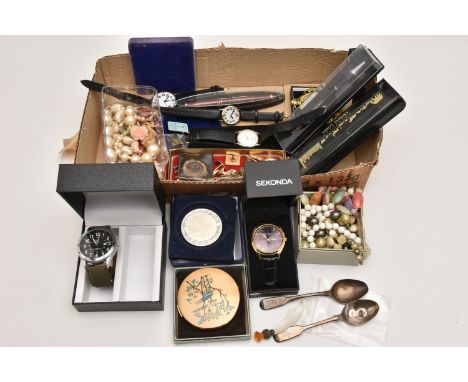 A BOX OF ASSORTED ITEMS, to include two fiddle pattern silver spoons, hallmarked London, approximate gross weight 32.7 grams,