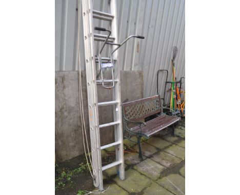 AN ALUMINIUM DOUBLE EXTENSION LADDER, with 15 rungs to each length, and a clima ladder stay (2)