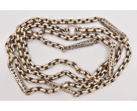A WHITE METAL LONG GUARD CHAIN, belcher link chain with elongated open work spacers, fitted with a bolt spring clasp, unmarke