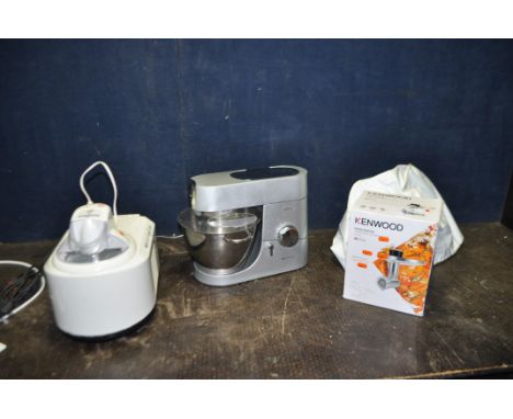 A KENWOOD CHEF TITANIUM KM010 MIXER, with cover but no paddles, a Kenwood mincer attachment (both PAT pass and working) and a