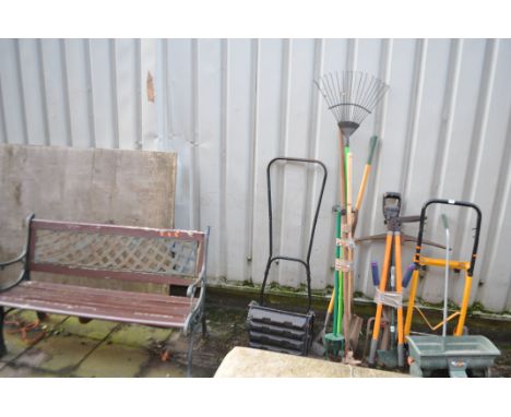 A SELECTION OF GARDEN HAND TOOLS, including spades, shovels, etc, a Qualcast panther 30 push cylinder lawnmower, a sack truck