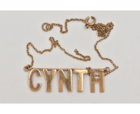 A 9CT GOLD NAME PENDANT WITH CHAIN, polished 'Cynth' pendant hallmarked 9ct Birmingham, fixed with a broken fine cable chain 