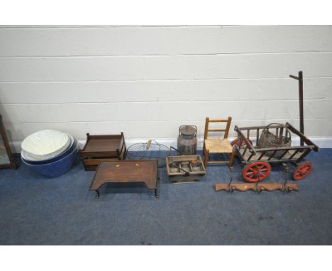 A LARGE SELECTION OF OCCASIONAL FURNITURE, to include a small pull along cart, a wicker basket, a child's chair, a rail with 
