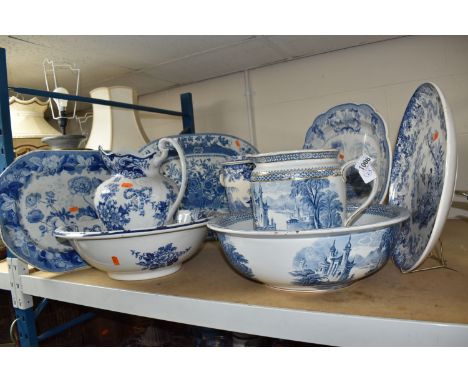 A SELECTION OF LATE 19TH / EARLY 20TH CENTURY BLUE AND WHITE WARES, comprising two meat platters, one in the Tomb of Shere Sh