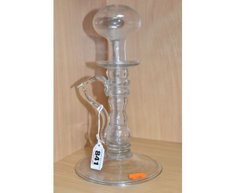 A LATE 18TH /  EARLY 19TH CENTURY LACE MAKERS LAMP, the conical foot supports a hollow stem with drip pan and oil reservoir a