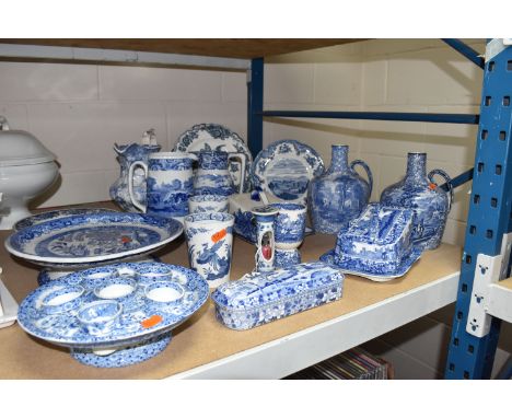 A COLLECTION OF BLUE AND WHITE TABLEWARE, late 19th/early 20th Century, comprising a blue and white floral breakfast set of s