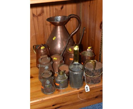 A COLLECTION OF COPPER AND TIN MEASURING JUGS AND CANNISTERS, comprising a milk standard can 'The M &amp; P Dairies', a half 