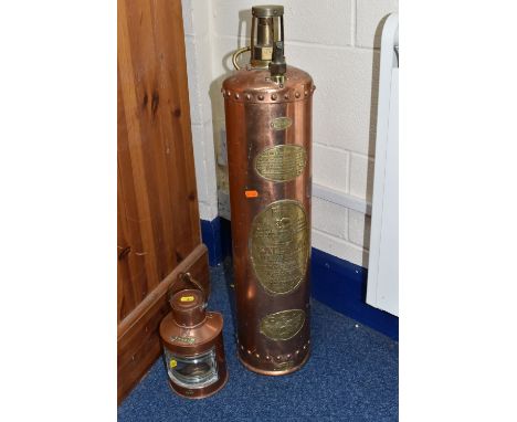 A 1932 'FIRE WATERLOO' COPPER AND BRASS FIRE EXTINGUISHER,  type BB2, together with a copper ship's lantern brass plaque  'St