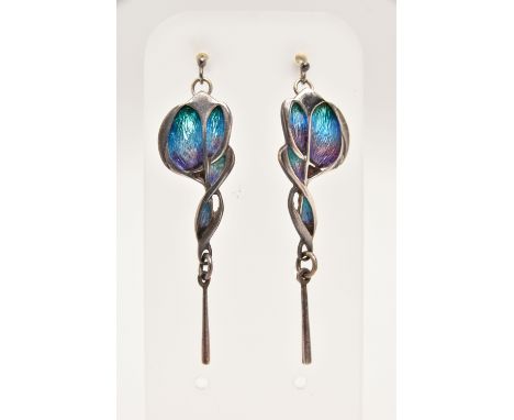 A PAIR OF 'PAT CHENEY' ENAMEL DROP EARRINGS, floral design drops with blue, purple and green enamel detail, to the post and s