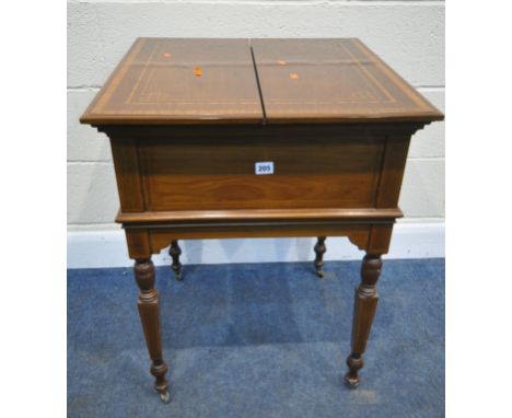 MAPLE AND CO, TOTTENHAM, COURT ROAD, LONDON AN EDWARDIAN MAHOGANY AND INLAID DRINKS TABLE, the twin fold over surface reveali