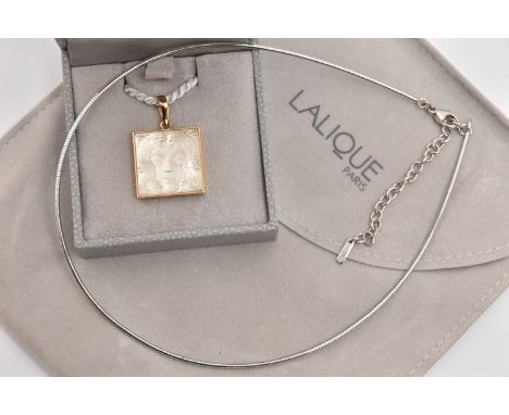 A 'LALIQUE' NECKLACE, a square form 'masque de femme' crystal pendant, yellow metal mount signed 'Lalique' suspended from a g