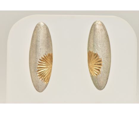 A PAIR OF BI-COLOUR OVAL TEXTURED EARRINGS, to the post fittings, unmarked, missing scroll backs, approximate gross weight 3.
