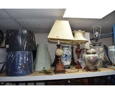 SEVEN TABLE LAMPS AND TWO UNUSED JOHN LEWIS LAMP SHADES, comprising  seven assorted table lamps, a pale green fabric shade, l