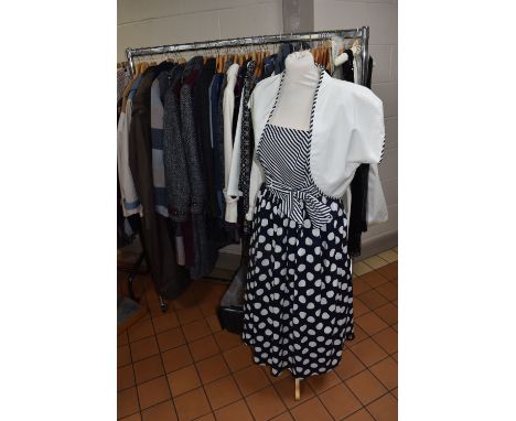 A QUANTITY OF LADIES CLOTHING AND A BOX OF WOODEN COAT HANGERS, approximately thirty items, maker's names include Tessara, Wh