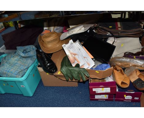 FOUR BOXES AND LOOSE GENTLEMEN'S AND LADIES CLOTHING AND SHOES, to include a pair of Grenson black patent leather men's shoes
