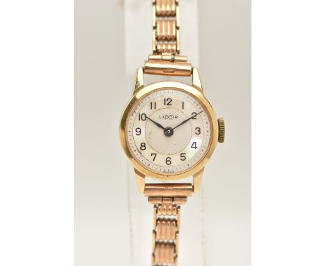A LADIES WRISTWATCH, manual wind watch, round mother of pearl dial, signed 'Luxor', Arabic numerals, blue steel hands, within