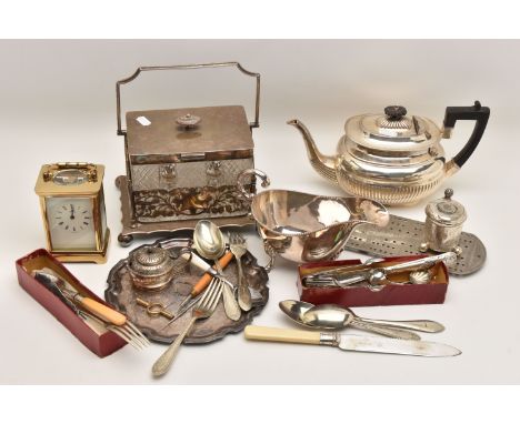 A BOX OF ASSORTED WHITE METAL WARE, to include a continental mustard pot, raised on three ball feet, hinged cover with George