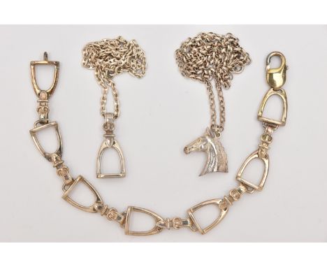 A SELECTION OF MODERN SILVER AND WHITE METAL EQUESTRIAN JEWELLERY, to include a silver stirrup necklace, hallmarked Sheffield