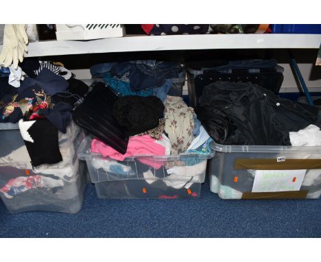 FIVE BOXES OF LADIES CLOTHING, to include a large quantity of blouses, knitwear, sweaters, dresses, tops, jeans, trousers, et