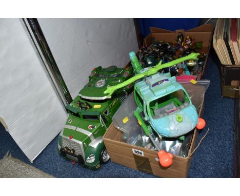 TWO BOXES AND LOOSE TOYS, to include a vintage teenage mutant ninja turtle van, made by Playmates toys 2002, Turtle Copter 19