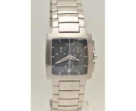 A GENTS LONGINES OPOSITION CHRONOGRAPH WRISTWTACH, grey square dial signed 'Longines', baton markers, three subsidiary dials,