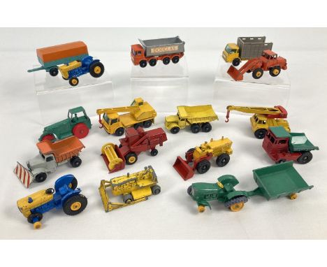 A collection of 16 vintage Matchbox/Lesney diecast farm and construction vehicles, in playworn condition. To include: No. 11 