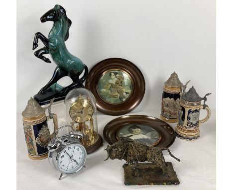 A box of assorted misc items to include vintage ceramic steins, clocks and vintage copper framed prints. 