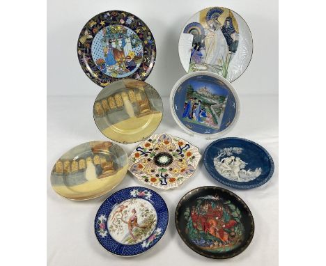 A collection of ceramic collectors and decorative plates. To include 2 Royal Doulton "Wolsey" plates with painted figure miss