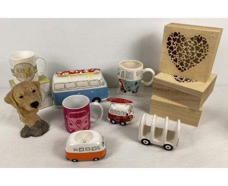 A box of assorted modern ceramic, wooden &amp; resin collectables. To include a collection of ceramic Campervan kitchen ware,