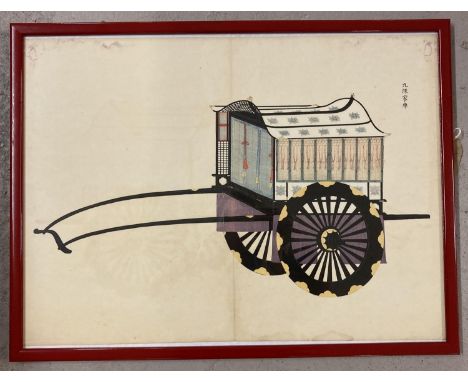 An antique hand coloured original Japanese woodblock print of a hand cart, from The Book of Royal Palanquins Volume Two. Edit