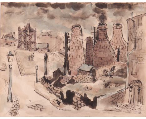 Julian Trevelyan (British 1910-1988) Potteries with three chimneys pen and ink and watercolour 31.5 x 40 cm, framed and glaze