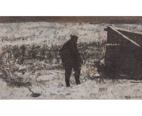 Victoria Crowe (British b.1945)Shepherd and her dog signed and dated 'Victoria Crowe 77' (lower right)oil on board23 x 38 cm,