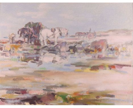 Edmund Blampied (British 1886-1966) Vraicking, Jersey; Study of flowers (verso) signed and dated 'Blampied/1953' (lower left)