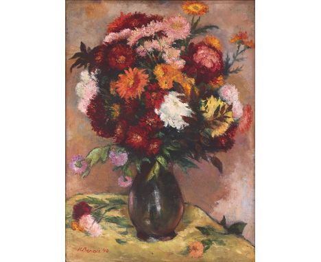 Nadia Benois (Russian 1896-1975) Still life of Dahlias signed and dated 'N Benois 40' (lower left)  oil on canvas 77 x 56 cm,